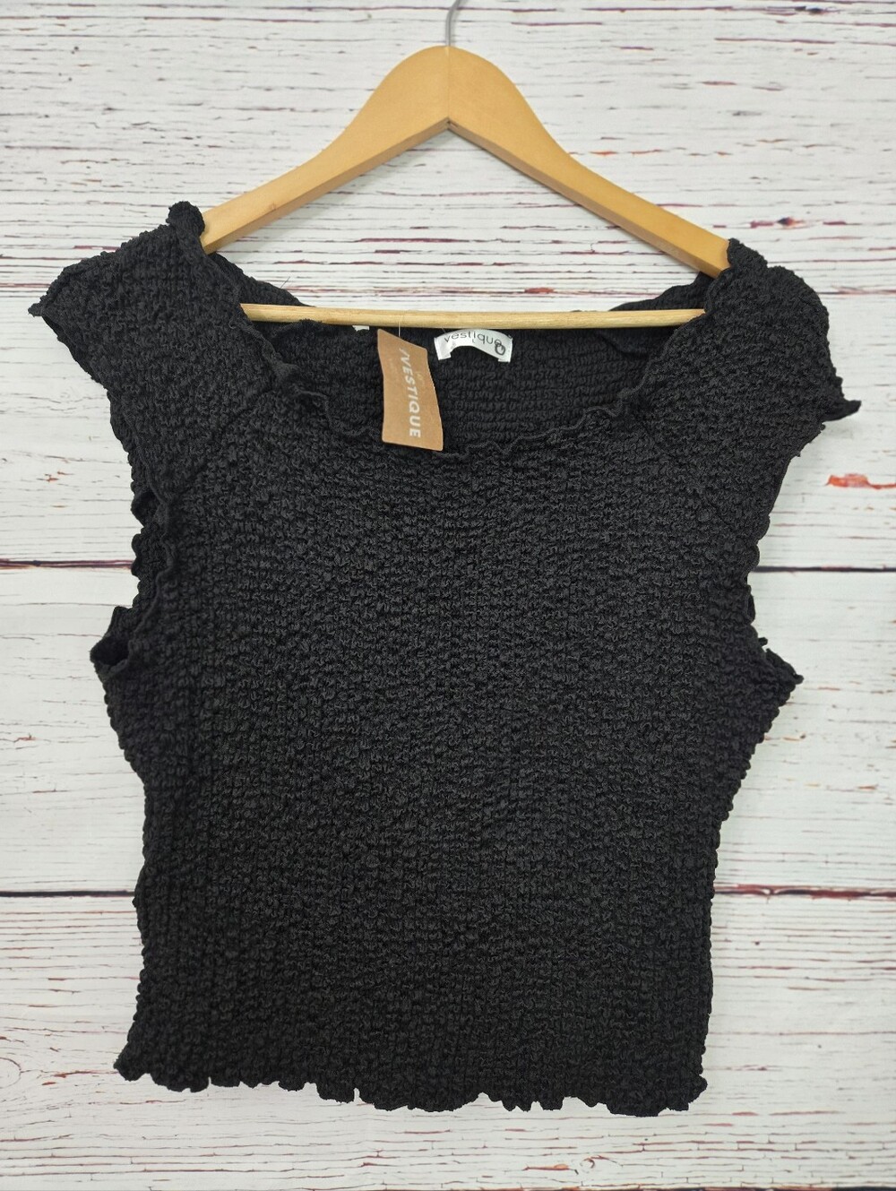 NWT Vestique Brisk Nights Top Black Textured Stretch Ruffle Sleeve Blouse Size L